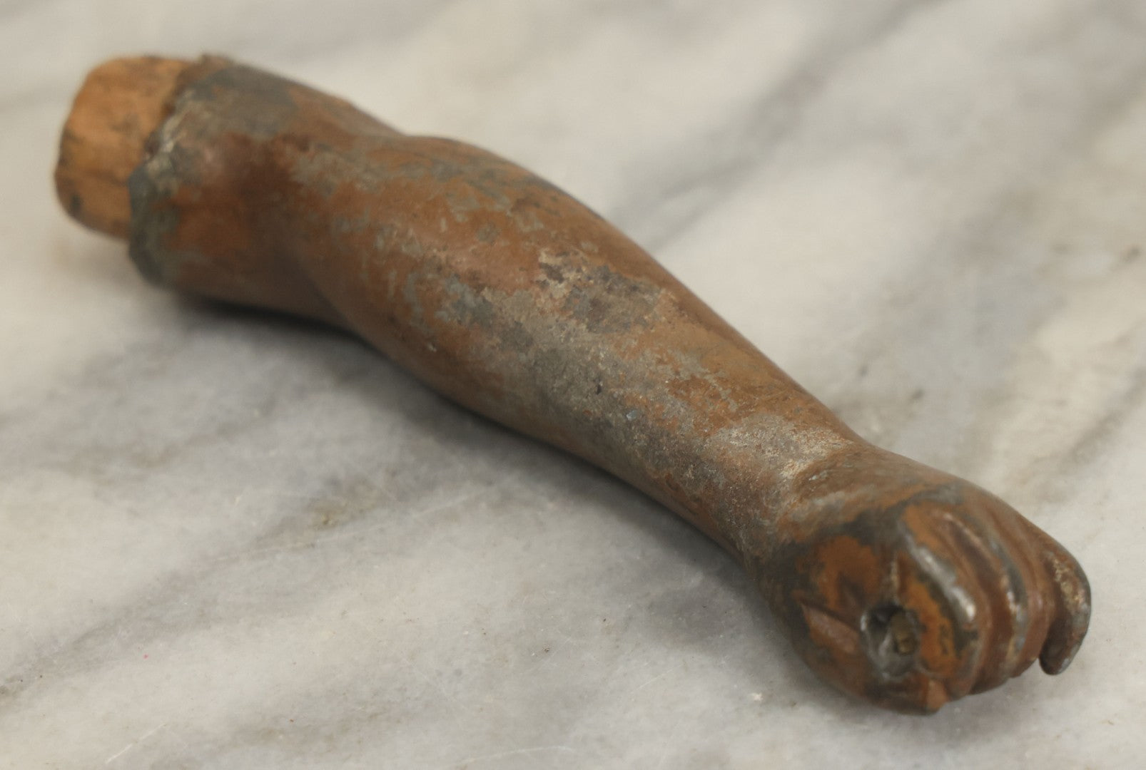 Lot 053 - Antique Cast Metal Statue Arm Fragment, As Found, With Remnants Of Wooden Attachment Joints, 4" Length