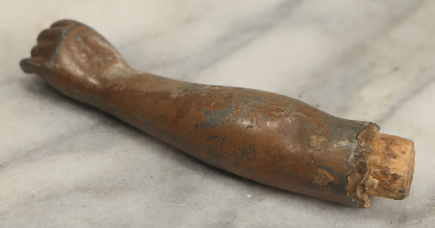 Lot 053 - Antique Cast Metal Statue Arm Fragment, As Found, With Remnants Of Wooden Attachment Joints, 4" Length