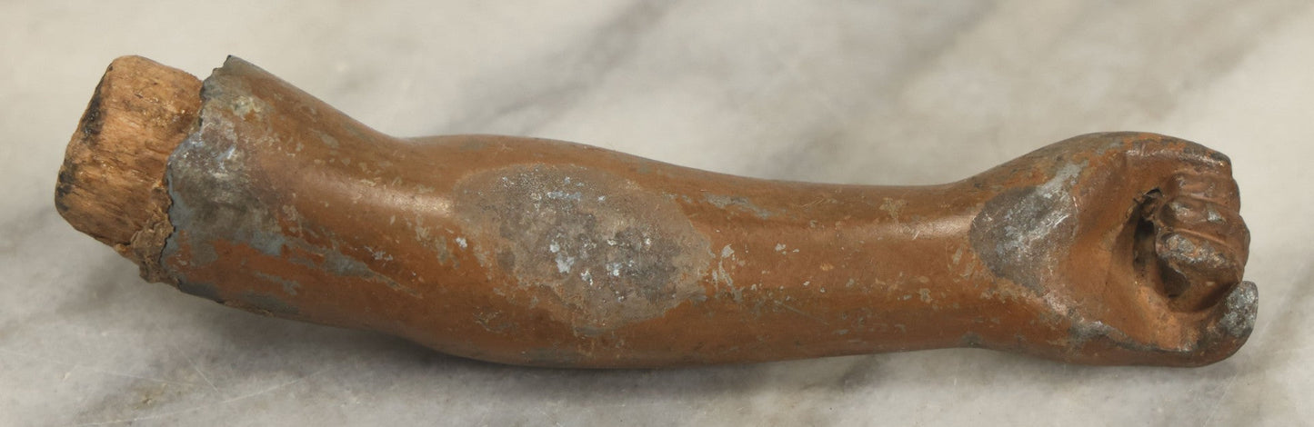 Lot 053 - Antique Cast Metal Statue Arm Fragment, As Found, With Remnants Of Wooden Attachment Joints, 4" Length