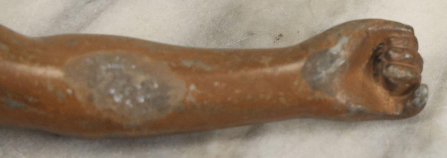 Lot 053 - Antique Cast Metal Statue Arm Fragment, As Found, With Remnants Of Wooden Attachment Joints, 4" Length