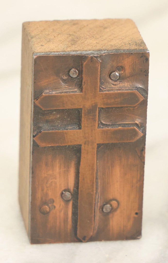 Lot 054 - Grouping Of Four Antique Or Vintage Printing Blocks Including Patriarchal Cross, Esoteric Priest, Toolkit With Hair Care Implements, And "Second Request"