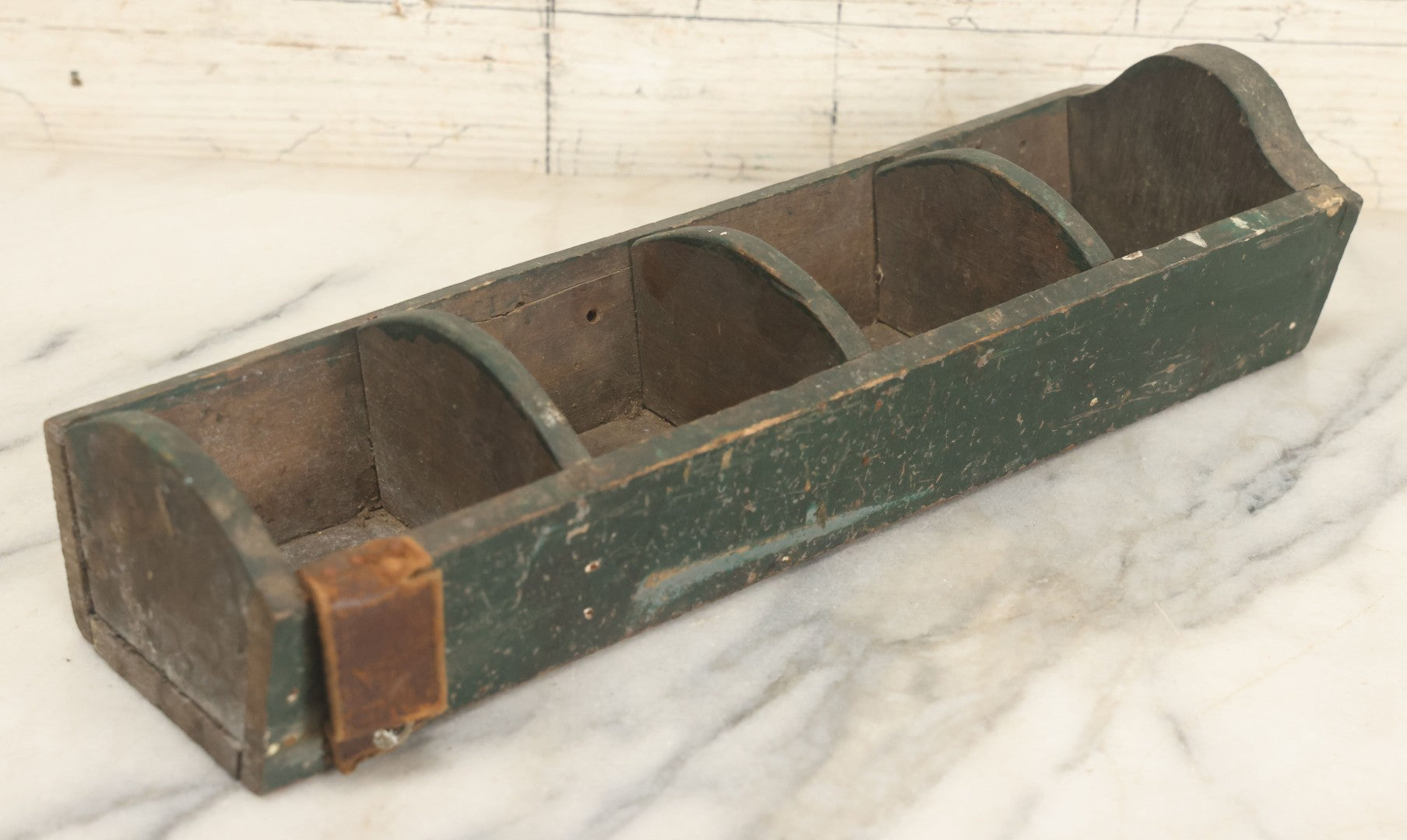 Lot 057 - Vintage Make-Do Four Section Wooden Nail Fastener Bin Tray With Gray And Green Paint, Leather Strap Tool Holder, Arched Dividers, As Found