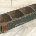 Lot 057 - Vintage Make-Do Four Section Wooden Nail Fastener Bin Tray With Gray And Green Paint, Leather Strap Tool Holder, Arched Dividers, As Found