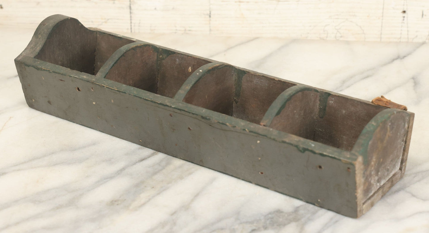 Lot 057 - Vintage Make-Do Four Section Wooden Nail Fastener Bin Tray With Gray And Green Paint, Leather Strap Tool Holder, Arched Dividers, As Found