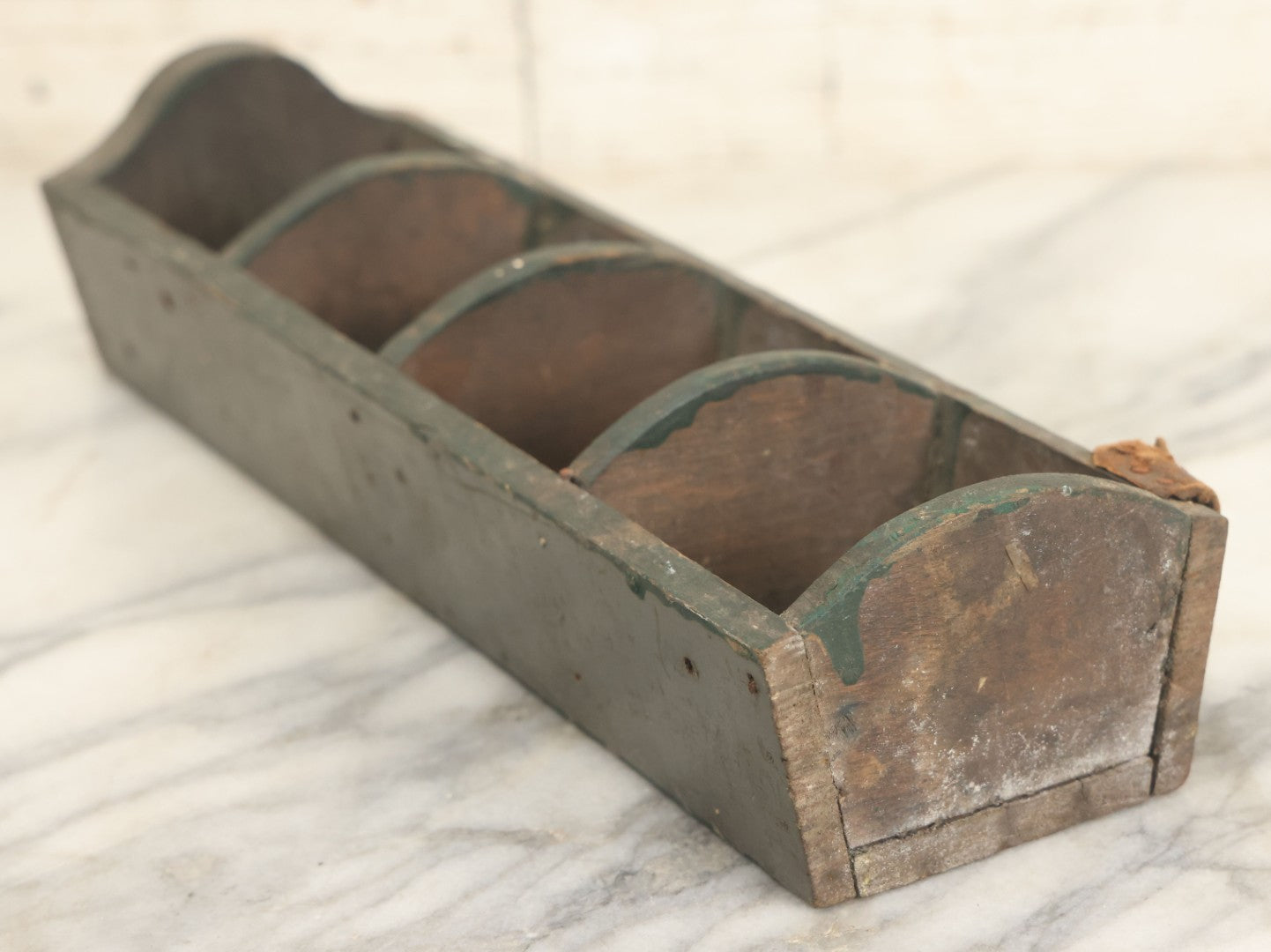 Lot 057 - Vintage Make-Do Four Section Wooden Nail Fastener Bin Tray With Gray And Green Paint, Leather Strap Tool Holder, Arched Dividers, As Found
