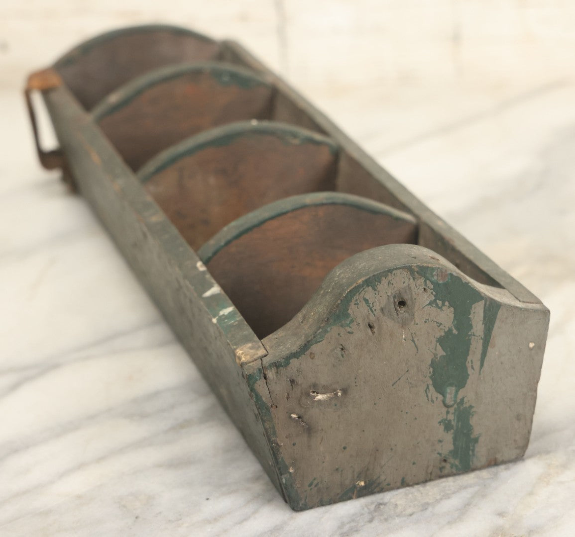 Lot 057 - Vintage Make-Do Four Section Wooden Nail Fastener Bin Tray With Gray And Green Paint, Leather Strap Tool Holder, Arched Dividers, As Found