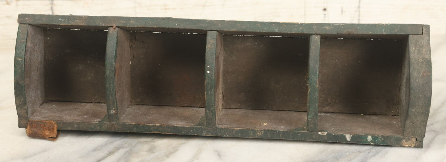 Lot 057 - Vintage Make-Do Four Section Wooden Nail Fastener Bin Tray With Gray And Green Paint, Leather Strap Tool Holder, Arched Dividers, As Found