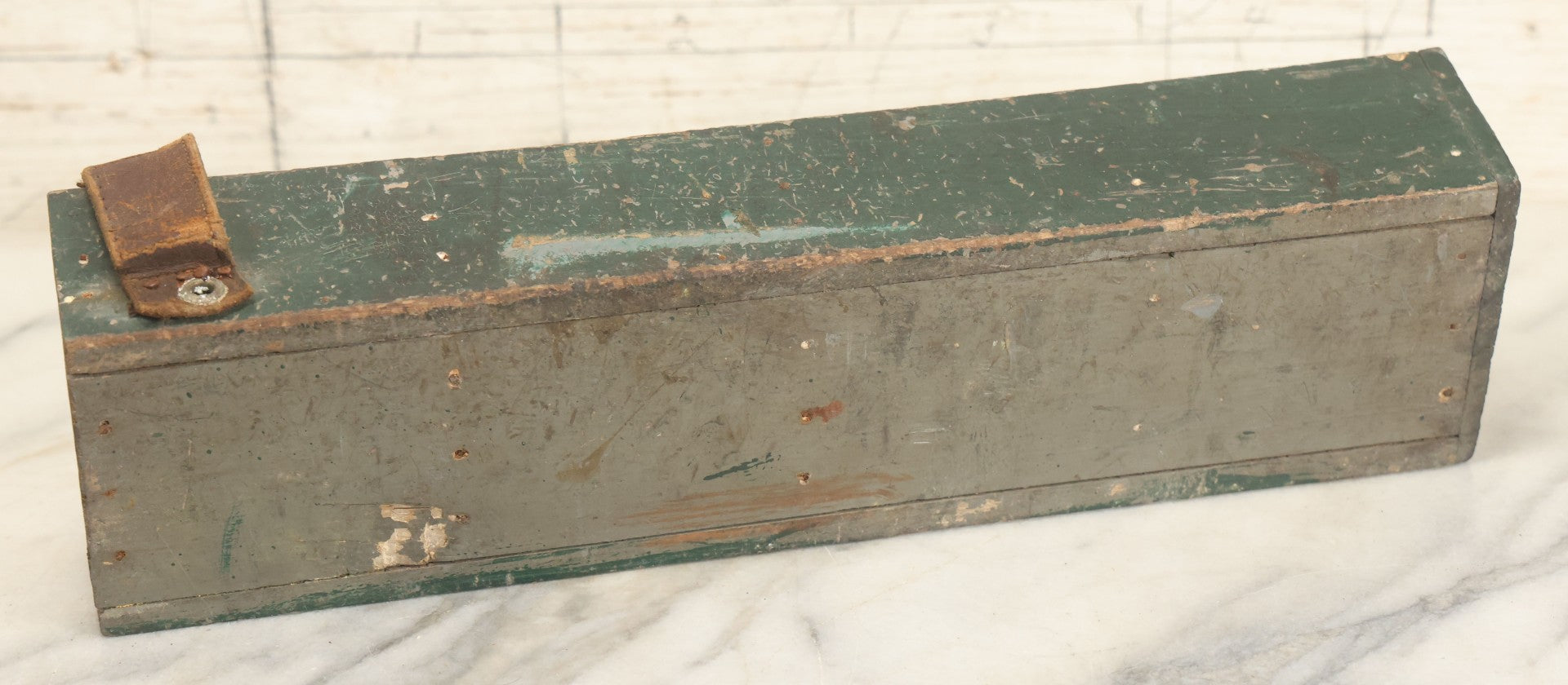Lot 057 - Vintage Make-Do Four Section Wooden Nail Fastener Bin Tray With Gray And Green Paint, Leather Strap Tool Holder, Arched Dividers, As Found
