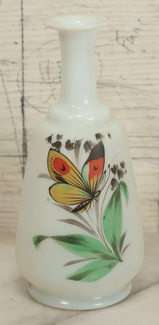 Lot 060 - Antique Hand Blown Frosted Glass Bud Vase With Hand Painted Butterfly, Floral Decoration, 6-1/2" H
