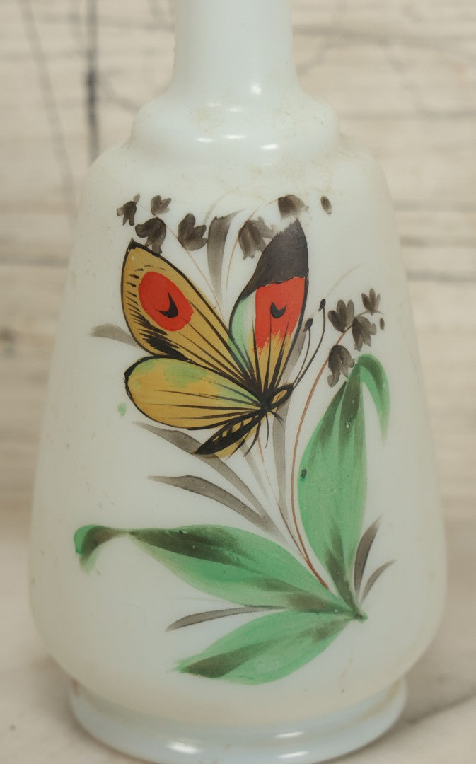 Lot 060 - Antique Hand Blown Frosted Glass Bud Vase With Hand Painted Butterfly, Floral Decoration, 6-1/2" H