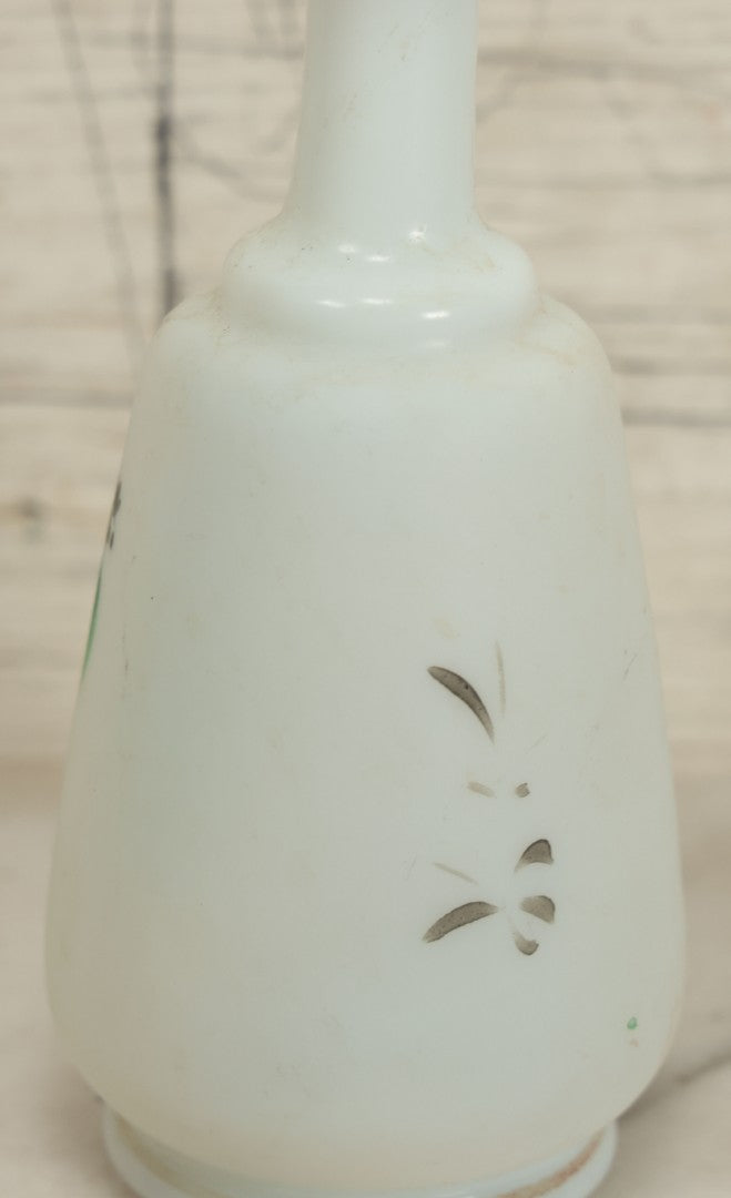 Lot 060 - Antique Hand Blown Frosted Glass Bud Vase With Hand Painted Butterfly, Floral Decoration, 6-1/2" H