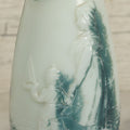 Lot 061 - Antique Molded Milk Glass Vase With Remnants Of Blue Paint Depicting A Young Child With His Toy Sailboat And Mother On The Beach, Note Various Chipping, 5-1/2" H