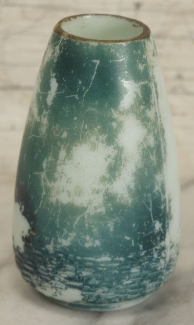 Lot 061 - Antique Molded Milk Glass Vase With Remnants Of Blue Paint Depicting A Young Child With His Toy Sailboat And Mother On The Beach, Note Various Chipping, 5-1/2" H