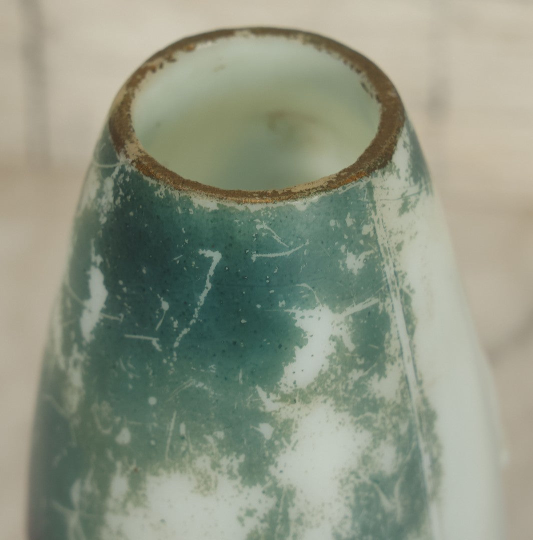 Lot 061 - Antique Molded Milk Glass Vase With Remnants Of Blue Paint Depicting A Young Child With His Toy Sailboat And Mother On The Beach, Note Various Chipping, 5-1/2" H