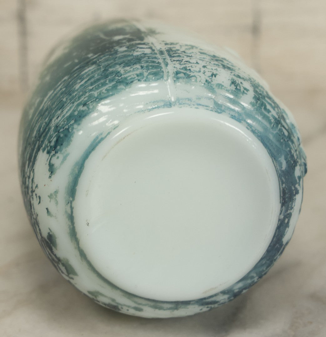 Lot 061 - Antique Molded Milk Glass Vase With Remnants Of Blue Paint Depicting A Young Child With His Toy Sailboat And Mother On The Beach, Note Various Chipping, 5-1/2" H