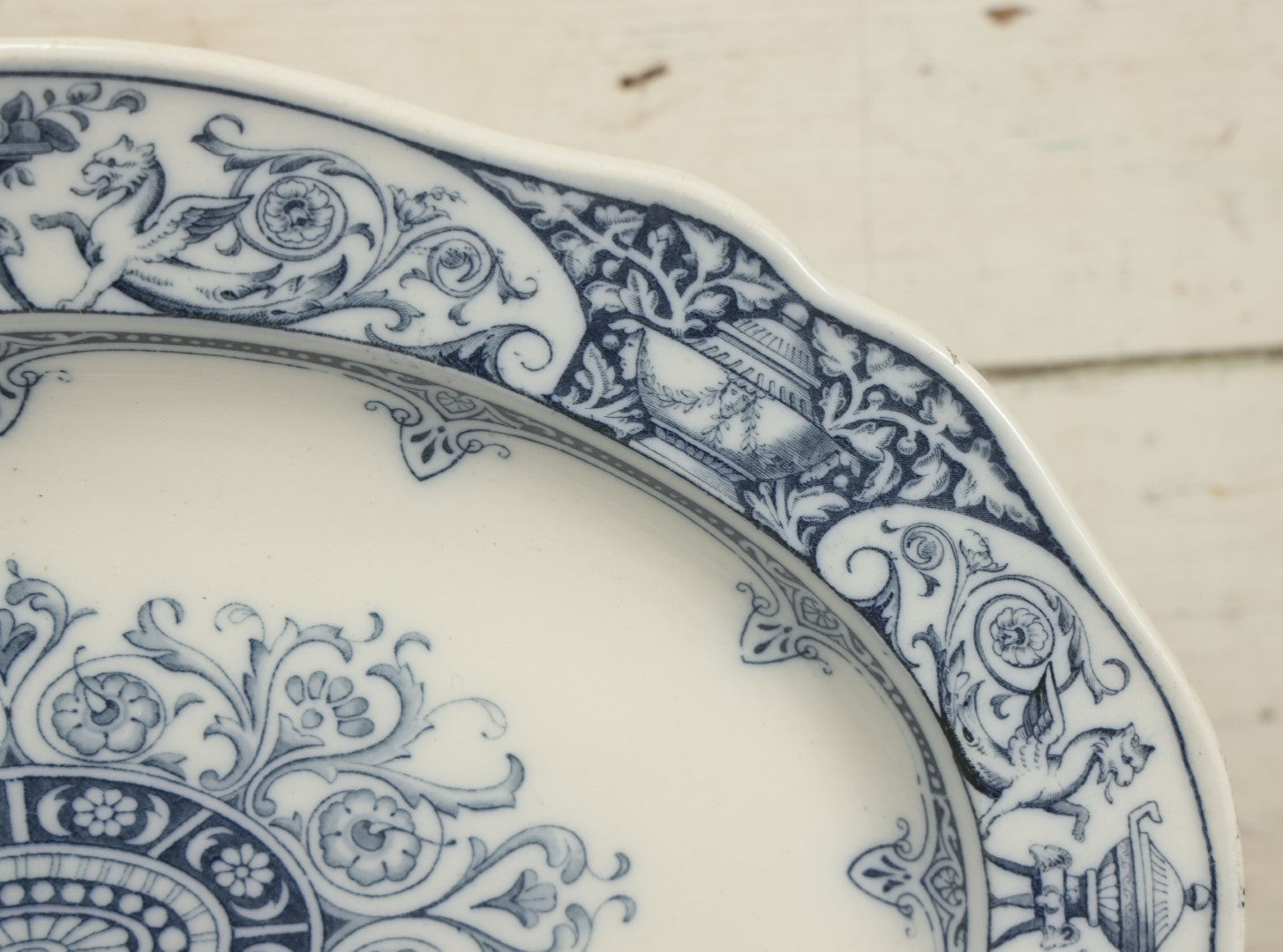 Lot 064 - Vintage Wedgwood Neoclassical Revival Transferware Platter With Griffin Motif, Greco-Roman Architectural Elements, Urns, Circa 1932, 17-1/4" x 13-1/2"