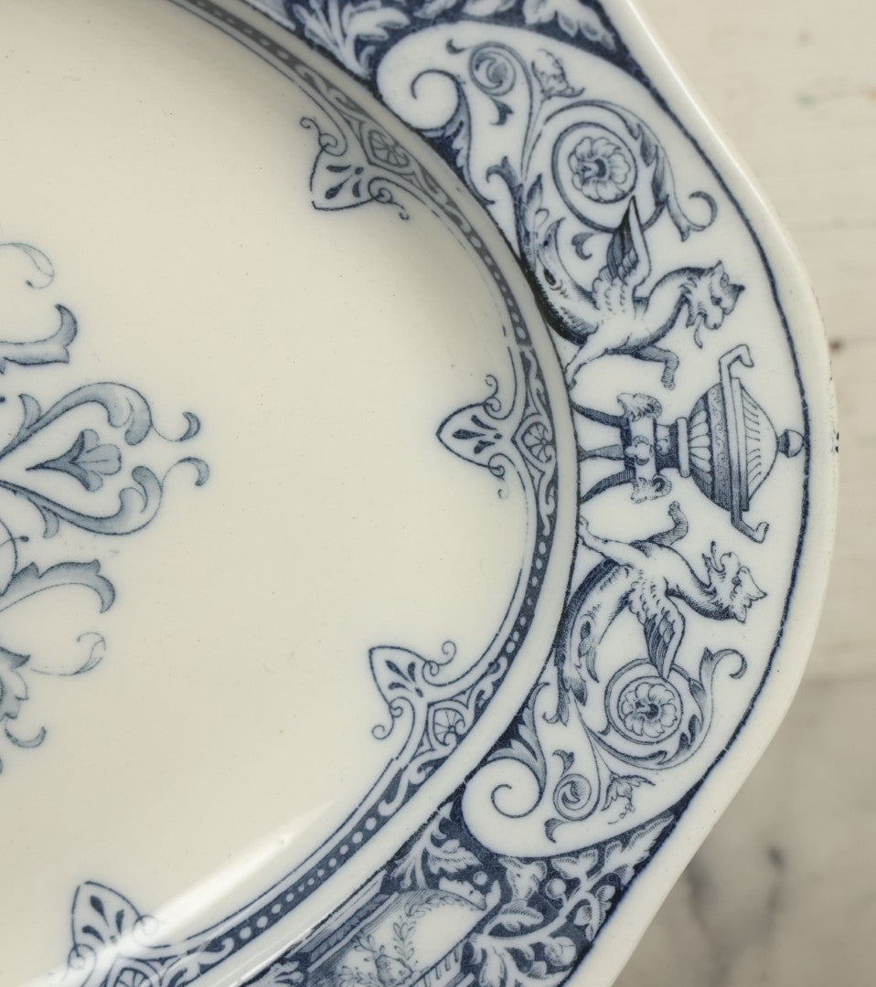 Lot 064 - Vintage Wedgwood Neoclassical Revival Transferware Platter With Griffin Motif, Greco-Roman Architectural Elements, Urns, Circa 1932, 17-1/4" x 13-1/2"