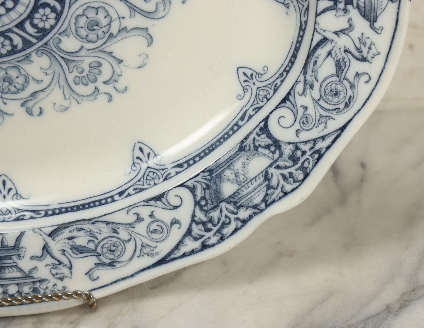 Lot 064 - Vintage Wedgwood Neoclassical Revival Transferware Platter With Griffin Motif, Greco-Roman Architectural Elements, Urns, Circa 1932, 17-1/4" x 13-1/2"