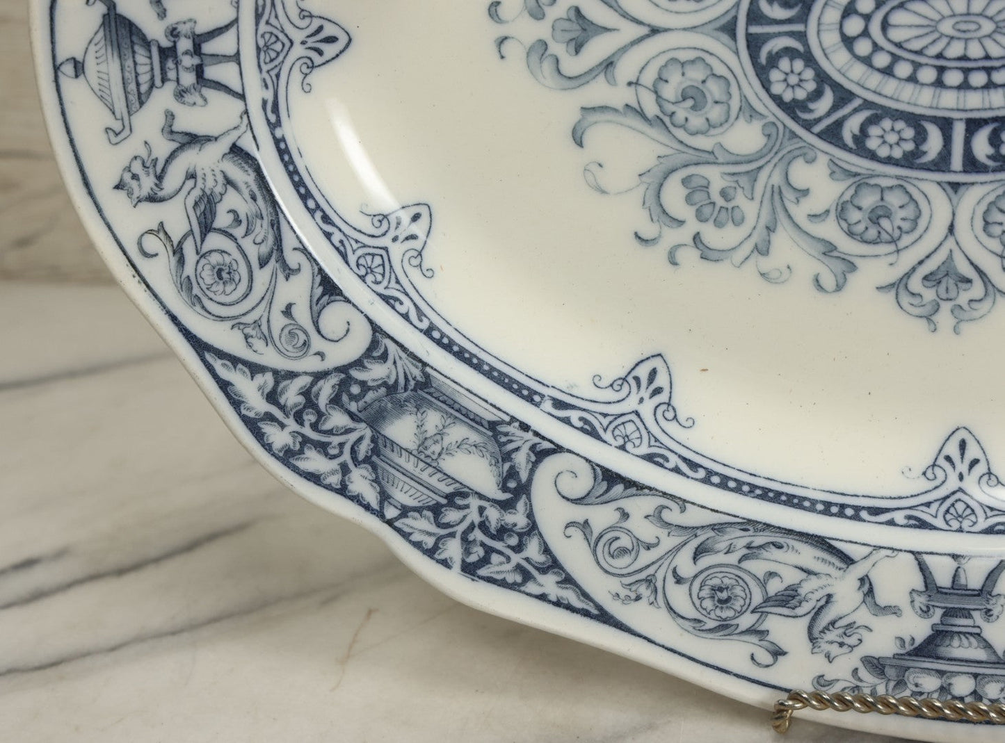 Lot 064 - Vintage Wedgwood Neoclassical Revival Transferware Platter With Griffin Motif, Greco-Roman Architectural Elements, Urns, Circa 1932, 17-1/4" x 13-1/2"
