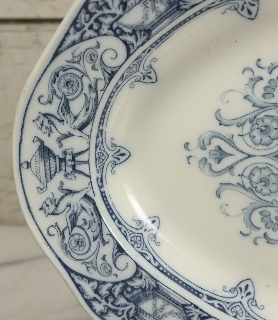 Lot 064 - Vintage Wedgwood Neoclassical Revival Transferware Platter With Griffin Motif, Greco-Roman Architectural Elements, Urns, Circa 1932, 17-1/4" x 13-1/2"