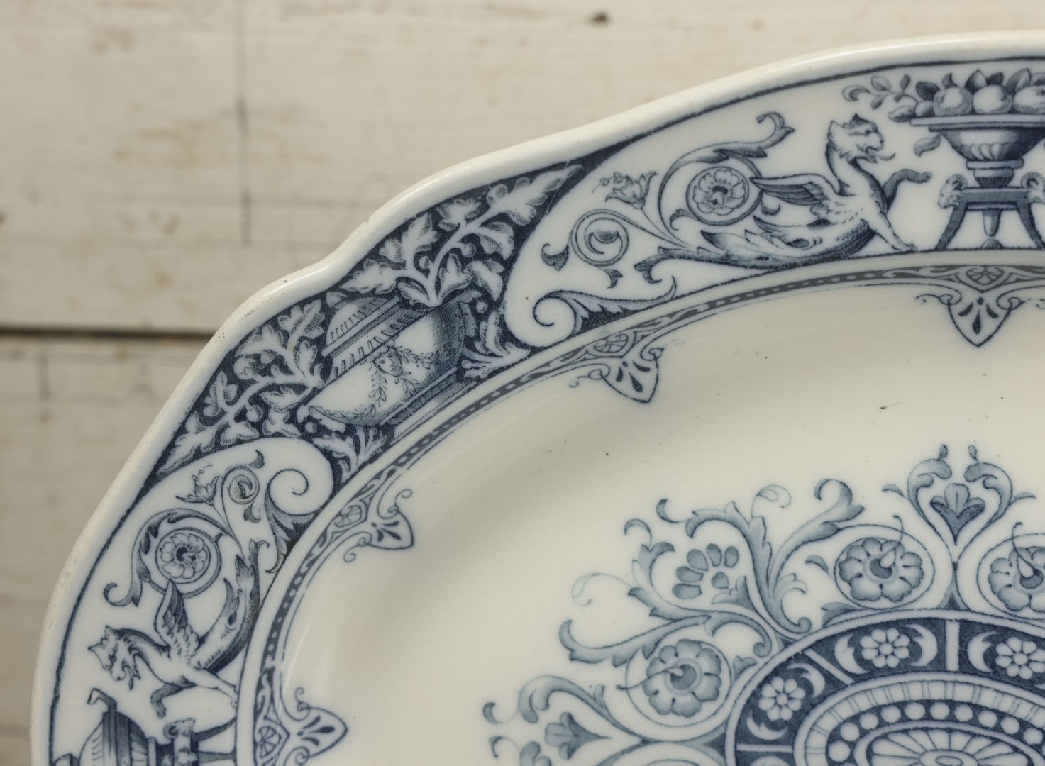 Lot 064 - Vintage Wedgwood Neoclassical Revival Transferware Platter With Griffin Motif, Greco-Roman Architectural Elements, Urns, Circa 1932, 17-1/4" x 13-1/2"