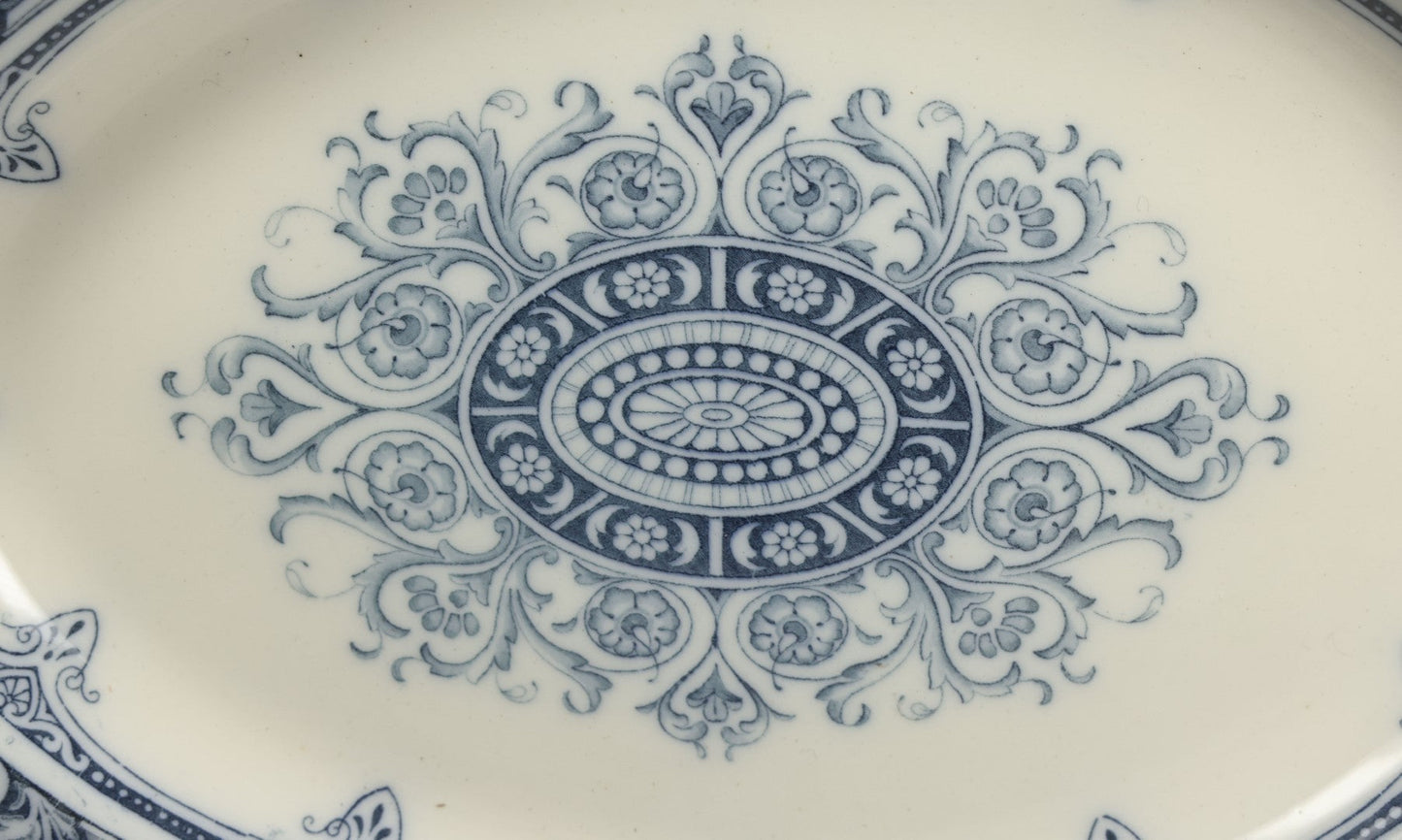 Lot 064 - Vintage Wedgwood Neoclassical Revival Transferware Platter With Griffin Motif, Greco-Roman Architectural Elements, Urns, Circa 1932, 17-1/4" x 13-1/2"