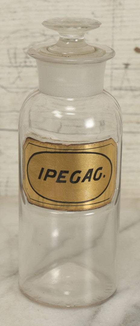 Lot 067 - Antique W.N. Walton Glass Ipecac Apothecary Bottle Jar With Reverse Painted Glass Label, Patented September 23, 1862, Note Chips To Stopper, 6-5/8" Height