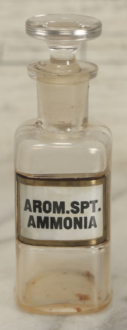 Lot 068 - Antique Glass Aromatic Spirit Of Ammonia (Arom. Spt. Ammonia) Apothecary Bottle With Reverse Painted Glass Label, Patented April 2, 1889, 4-1/2" Height