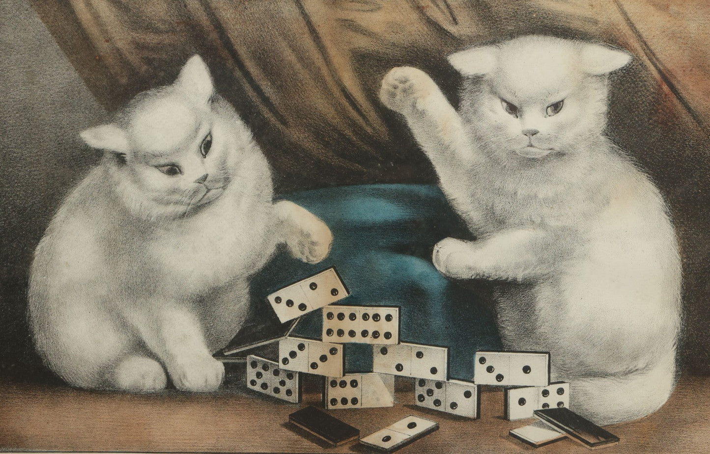 Lot 070 - "My Little White Kitties, Playing Dominoes" Antique Hand Colored Lithograph Published By Currier & Ives, In Original Period Frame With Mil Glass Adornments, Note Water Damage, Foxing, Warping, Overall Dimensions 20-3/8" x 16-3/8"