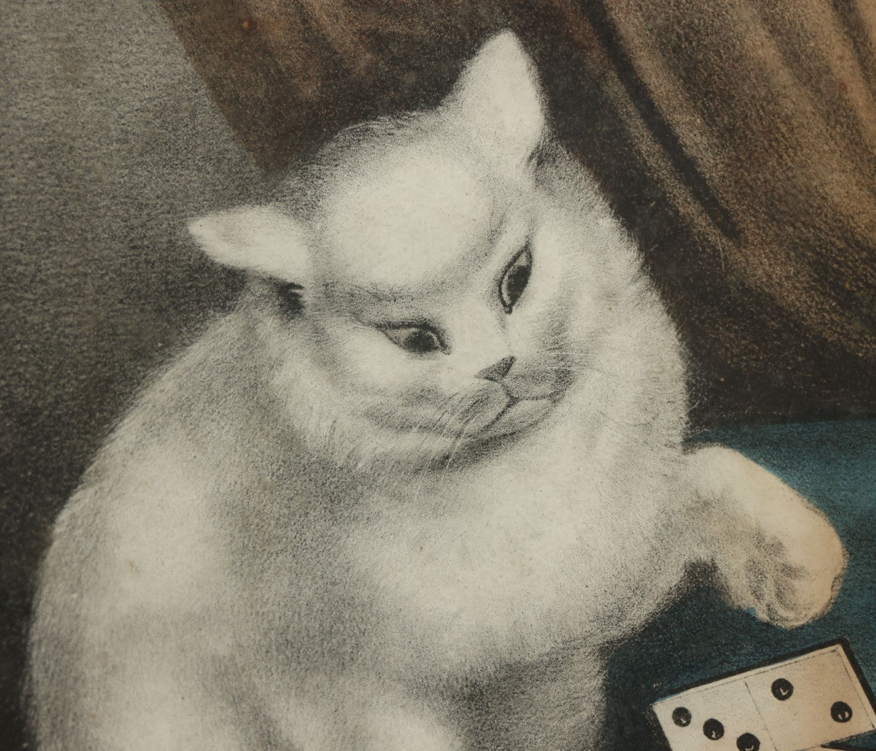 Lot 070 - "My Little White Kitties, Playing Dominoes" Antique Hand Colored Lithograph Published By Currier & Ives, In Original Period Frame With Mil Glass Adornments, Note Water Damage, Foxing, Warping, Overall Dimensions 20-3/8" x 16-3/8"