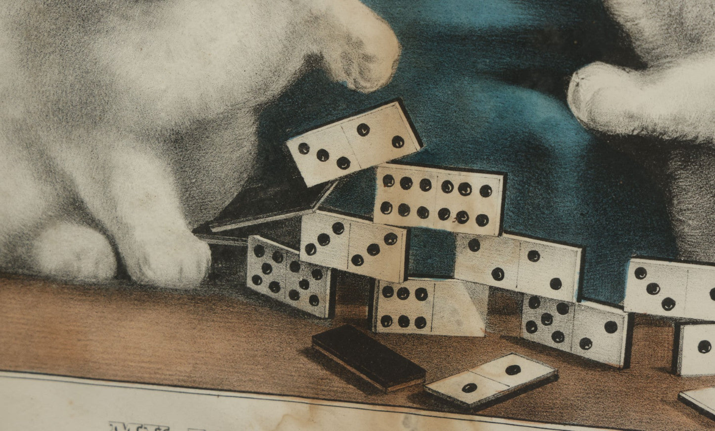 Lot 070 - "My Little White Kitties, Playing Dominoes" Antique Hand Colored Lithograph Published By Currier & Ives, In Original Period Frame With Mil Glass Adornments, Note Water Damage, Foxing, Warping, Overall Dimensions 20-3/8" x 16-3/8"