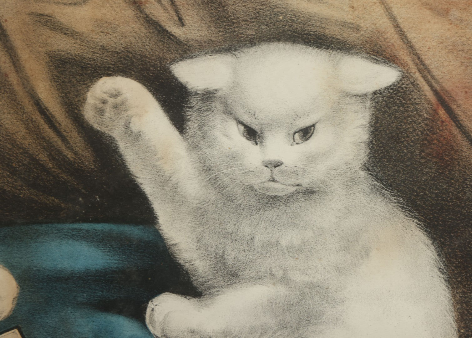 Lot 070 - "My Little White Kitties, Playing Dominoes" Antique Hand Colored Lithograph Published By Currier & Ives, In Original Period Frame With Mil Glass Adornments, Note Water Damage, Foxing, Warping, Overall Dimensions 20-3/8" x 16-3/8"