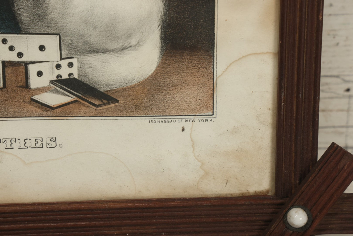 Lot 070 - "My Little White Kitties, Playing Dominoes" Antique Hand Colored Lithograph Published By Currier & Ives, In Original Period Frame With Mil Glass Adornments, Note Water Damage, Foxing, Warping, Overall Dimensions 20-3/8" x 16-3/8"