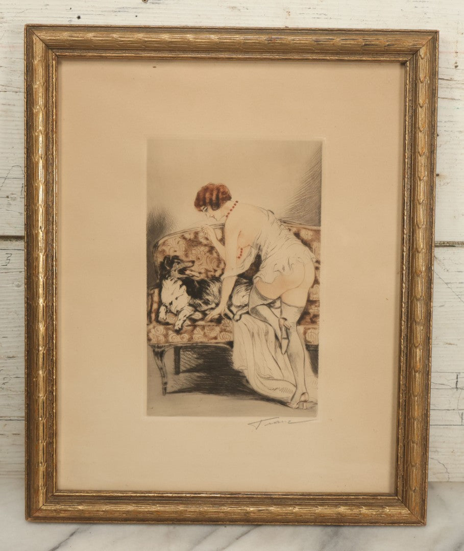 Lot 071 - Vintage French Etching In Frame, Scantily Clad, Partially Nude Woman Playing With Dog On Sofa, In The Style Of Louis Icart, Artist Signed In Pencil Lower Right, Illegible, Overall Dimensions 12-3/4" x 15-1/2"