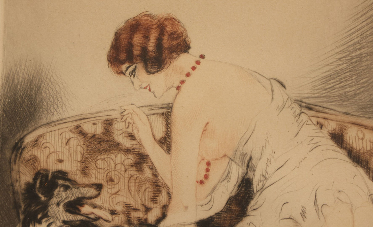 Lot 071 - Vintage French Etching In Frame, Scantily Clad, Partially Nude Woman Playing With Dog On Sofa, In The Style Of Louis Icart, Artist Signed In Pencil Lower Right, Illegible, Overall Dimensions 12-3/4" x 15-1/2"