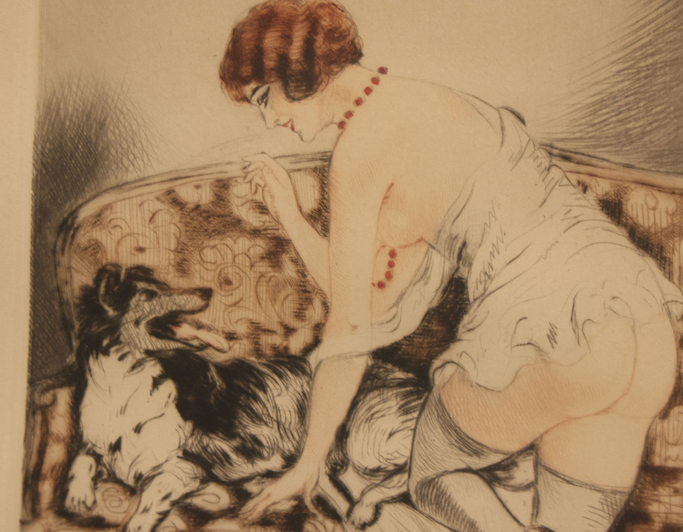 Lot 071 - Vintage French Etching In Frame, Scantily Clad, Partially Nude Woman Playing With Dog On Sofa, In The Style Of Louis Icart, Artist Signed In Pencil Lower Right, Illegible, Overall Dimensions 12-3/4" x 15-1/2"