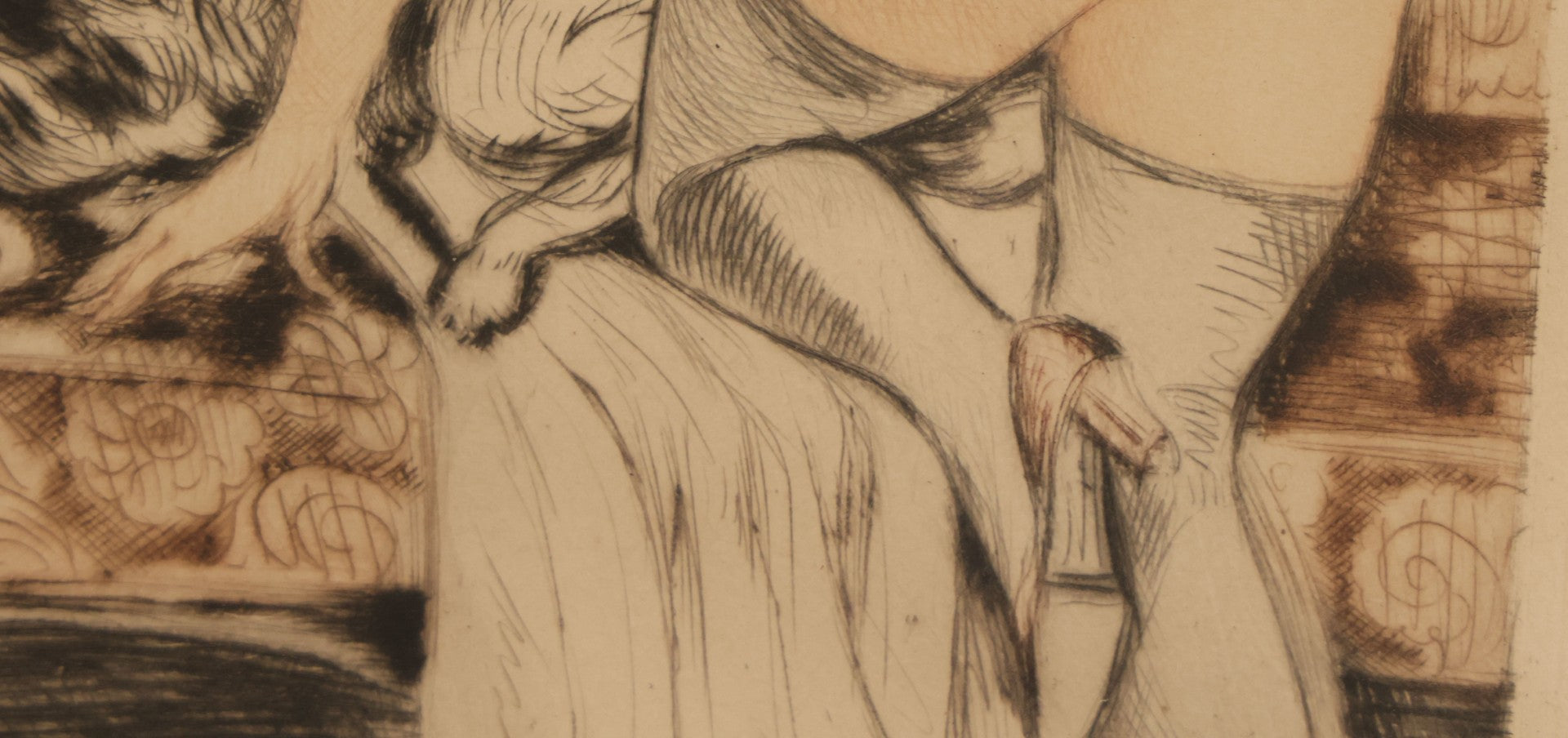 Lot 071 - Vintage French Etching In Frame, Scantily Clad, Partially Nude Woman Playing With Dog On Sofa, In The Style Of Louis Icart, Artist Signed In Pencil Lower Right, Illegible, Overall Dimensions 12-3/4" x 15-1/2"