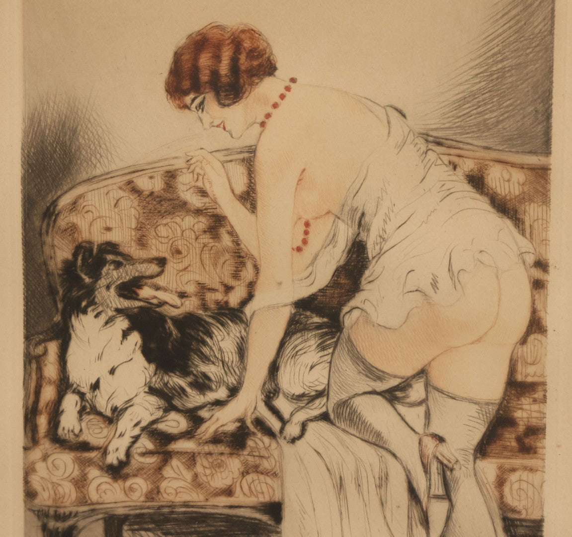 Lot 071 - Vintage French Etching In Frame, Scantily Clad, Partially Nude Woman Playing With Dog On Sofa, In The Style Of Louis Icart, Artist Signed In Pencil Lower Right, Illegible, Overall Dimensions 12-3/4" x 15-1/2"