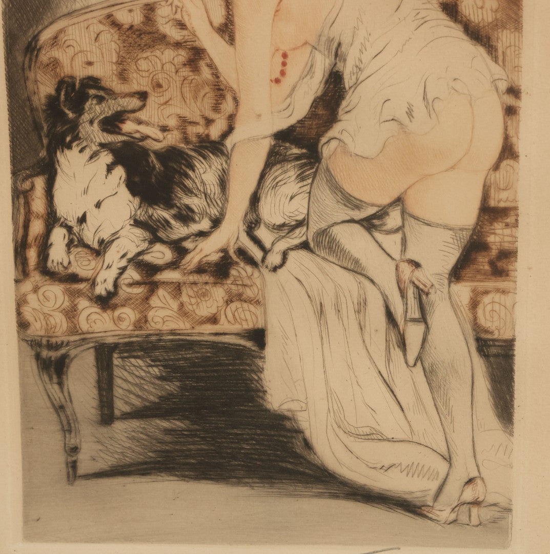 Lot 071 - Vintage French Etching In Frame, Scantily Clad, Partially Nude Woman Playing With Dog On Sofa, In The Style Of Louis Icart, Artist Signed In Pencil Lower Right, Illegible, Overall Dimensions 12-3/4" x 15-1/2"