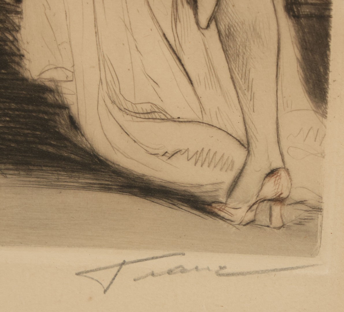 Lot 071 - Vintage French Etching In Frame, Scantily Clad, Partially Nude Woman Playing With Dog On Sofa, In The Style Of Louis Icart, Artist Signed In Pencil Lower Right, Illegible, Overall Dimensions 12-3/4" x 15-1/2"