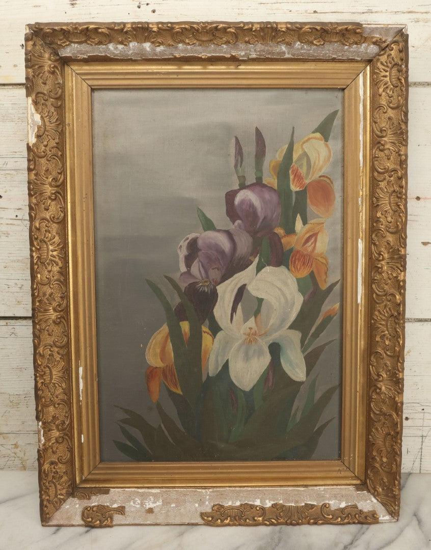 Lot 073 - Antique Oil On Canvas Painting Of Purple, Orange, And White Iris Flowers, In Badly Worn Gilt Gesso Frame, Note Wear And Tear, Circa 1880s, Overall Dimensions 16-3/4" x 22-3/4"