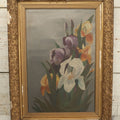 Lot 073 - Antique Oil On Canvas Painting Of Purple, Orange, And White Iris Flowers, In Badly Worn Gilt Gesso Frame, Note Wear And Tear, Circa 1880s, Overall Dimensions 16-3/4" x 22-3/4"