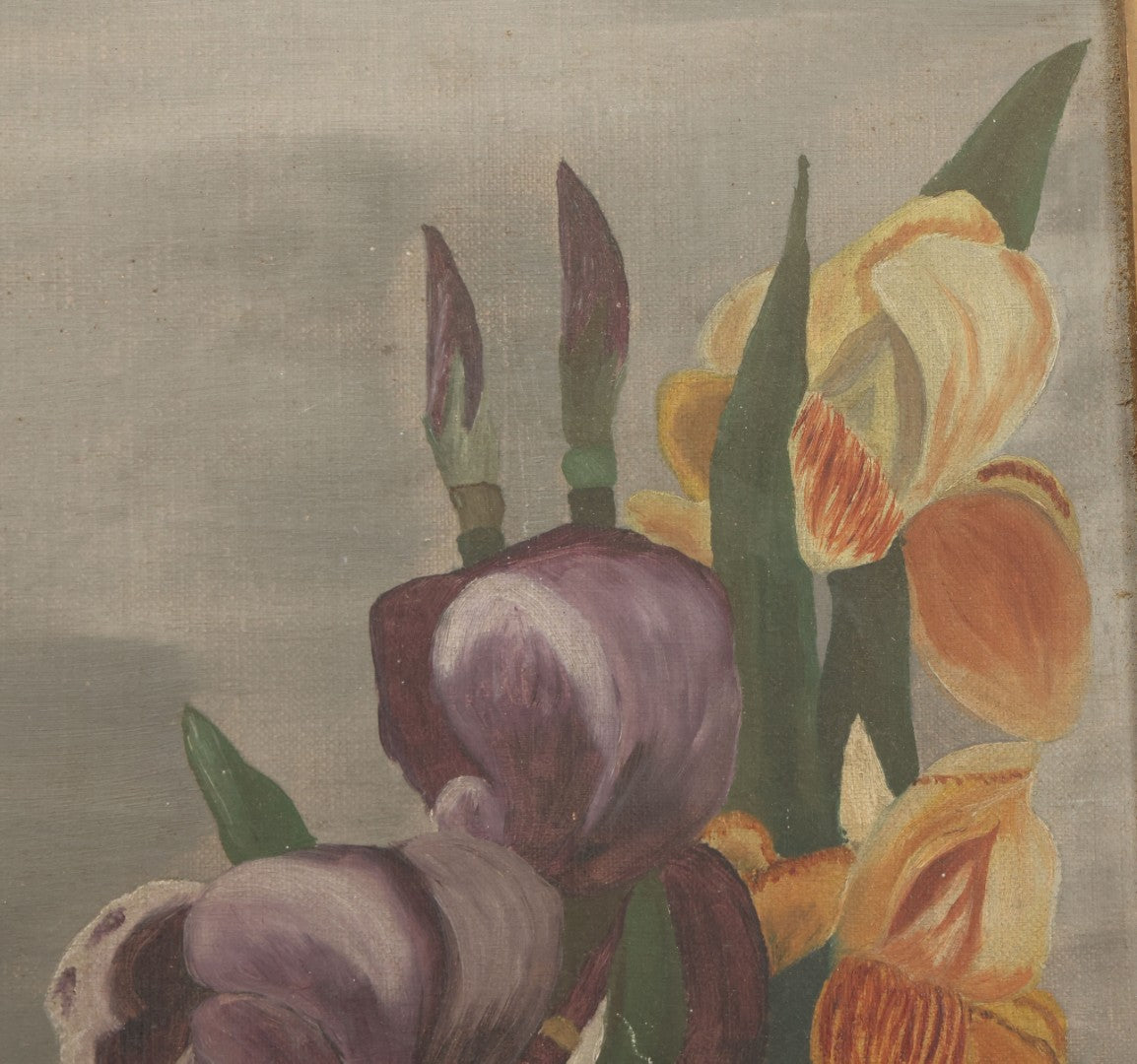 Lot 073 - Antique Oil On Canvas Painting Of Purple, Orange, And White Iris Flowers, In Badly Worn Gilt Gesso Frame, Note Wear And Tear, Circa 1880s, Overall Dimensions 16-3/4" x 22-3/4"
