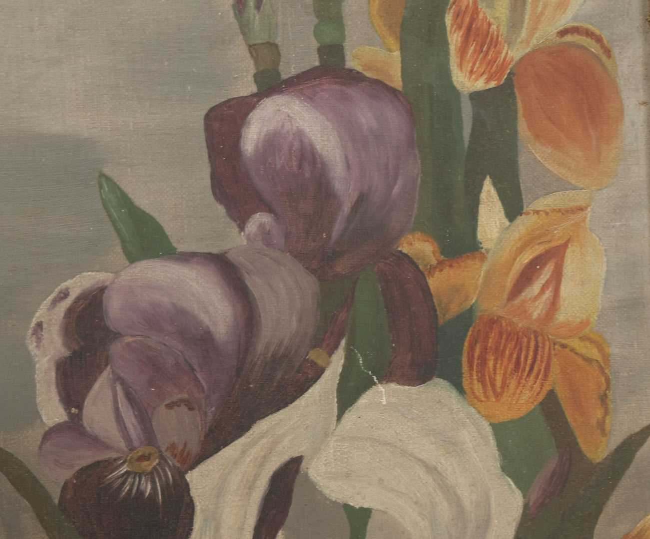Lot 073 - Antique Oil On Canvas Painting Of Purple, Orange, And White Iris Flowers, In Badly Worn Gilt Gesso Frame, Note Wear And Tear, Circa 1880s, Overall Dimensions 16-3/4" x 22-3/4"