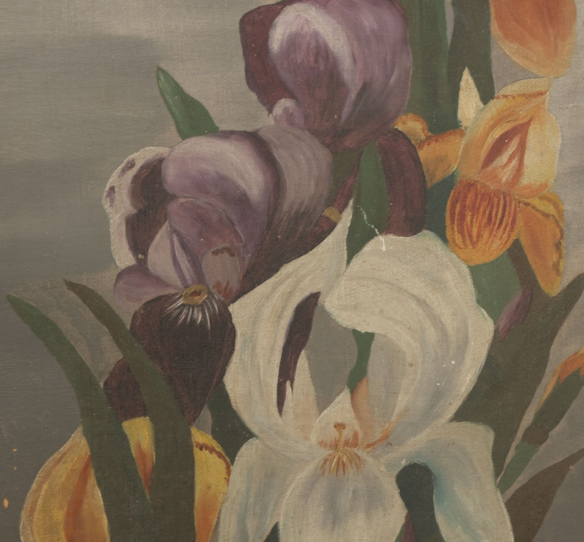 Lot 073 - Antique Oil On Canvas Painting Of Purple, Orange, And White Iris Flowers, In Badly Worn Gilt Gesso Frame, Note Wear And Tear, Circa 1880s, Overall Dimensions 16-3/4" x 22-3/4"