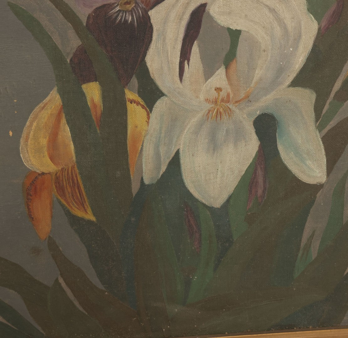 Lot 073 - Antique Oil On Canvas Painting Of Purple, Orange, And White Iris Flowers, In Badly Worn Gilt Gesso Frame, Note Wear And Tear, Circa 1880s, Overall Dimensions 16-3/4" x 22-3/4"