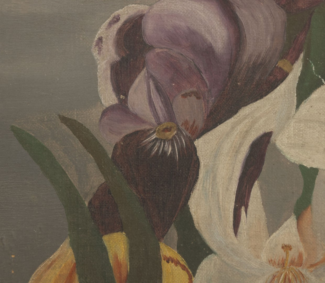 Lot 073 - Antique Oil On Canvas Painting Of Purple, Orange, And White Iris Flowers, In Badly Worn Gilt Gesso Frame, Note Wear And Tear, Circa 1880s, Overall Dimensions 16-3/4" x 22-3/4"