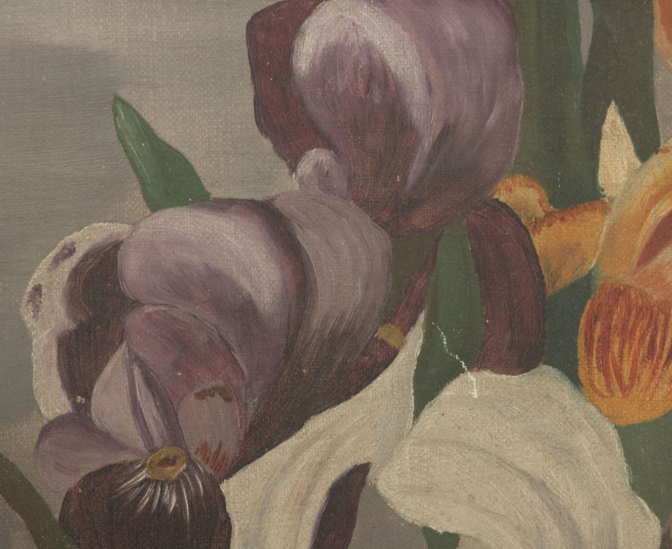 Lot 073 - Antique Oil On Canvas Painting Of Purple, Orange, And White Iris Flowers, In Badly Worn Gilt Gesso Frame, Note Wear And Tear, Circa 1880s, Overall Dimensions 16-3/4" x 22-3/4"