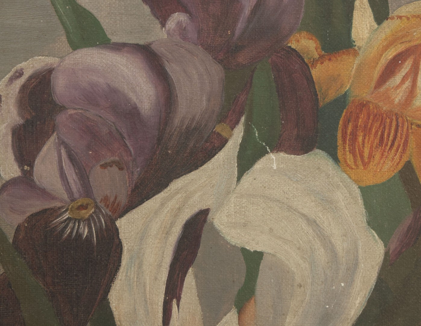 Lot 073 - Antique Oil On Canvas Painting Of Purple, Orange, And White Iris Flowers, In Badly Worn Gilt Gesso Frame, Note Wear And Tear, Circa 1880s, Overall Dimensions 16-3/4" x 22-3/4"