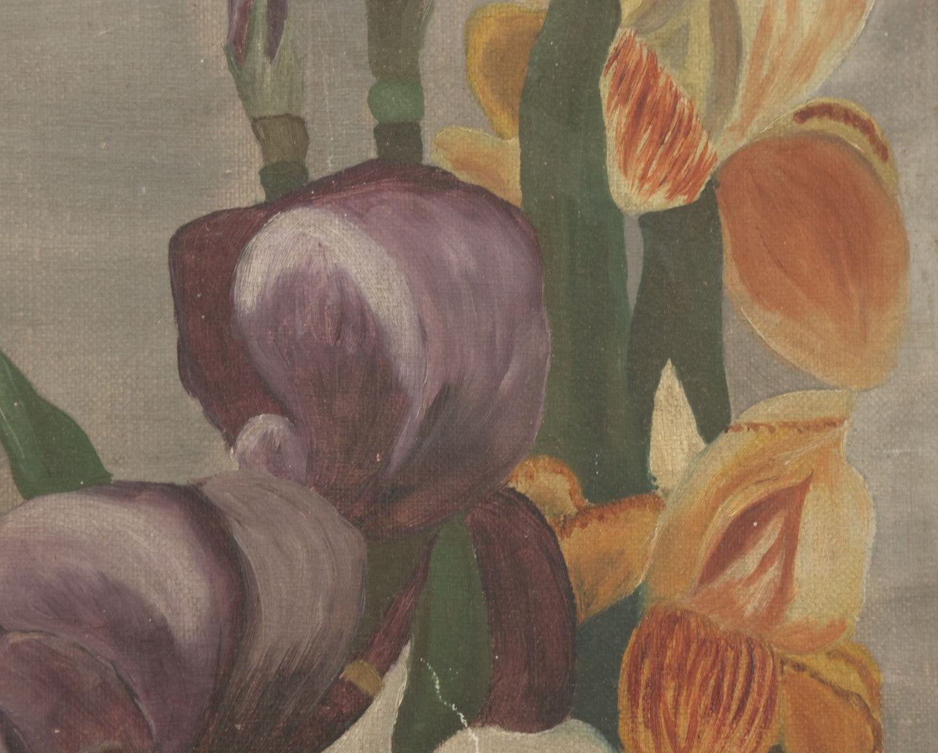 Lot 073 - Antique Oil On Canvas Painting Of Purple, Orange, And White Iris Flowers, In Badly Worn Gilt Gesso Frame, Note Wear And Tear, Circa 1880s, Overall Dimensions 16-3/4" x 22-3/4"